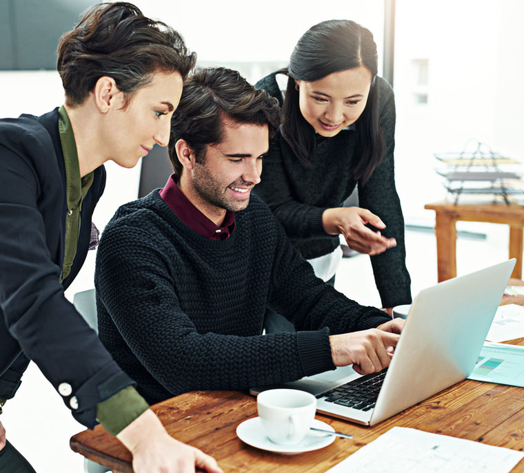 Business people, meeting and planning with teamwork, laptop and brainstorming for project launch. Support, communication and help with article, email and journalist with research, advice and support.